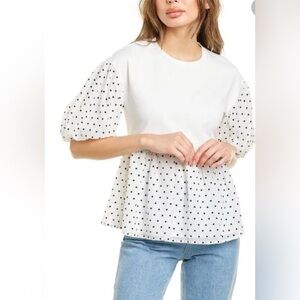 NWT English Factory Contrasting Heart Dotted Puff Sleeve Peplum Top White Sz S